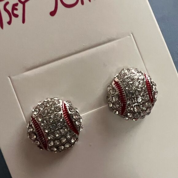 ⚾️ Betsey Johnson Silver Baseball red & white Rhinestone Earrings ⚾️ - Picture 2 of 5